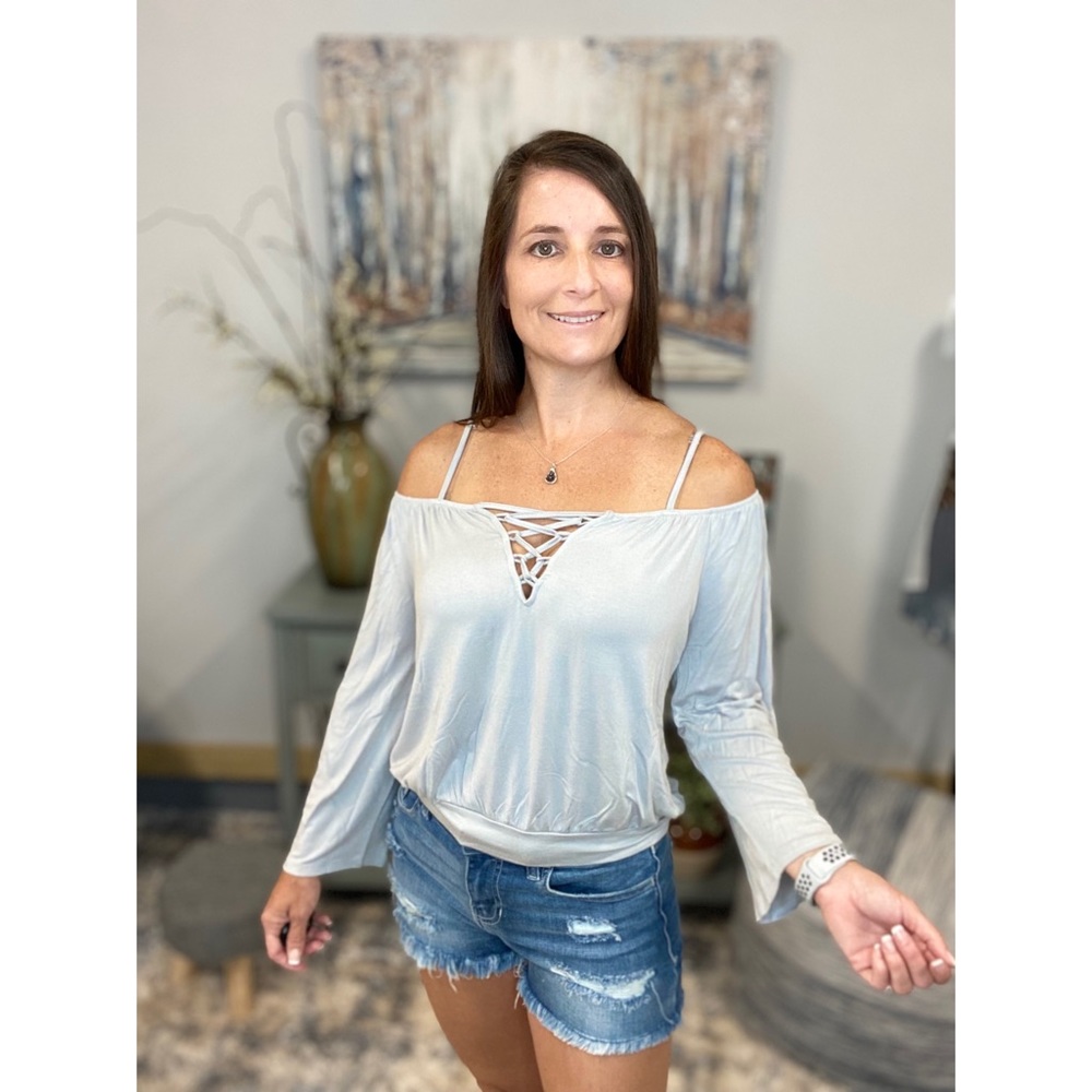 ❤️‍🔥Cold Off Shoulder Lace Up Gray 1318 - Picture 2 of 6